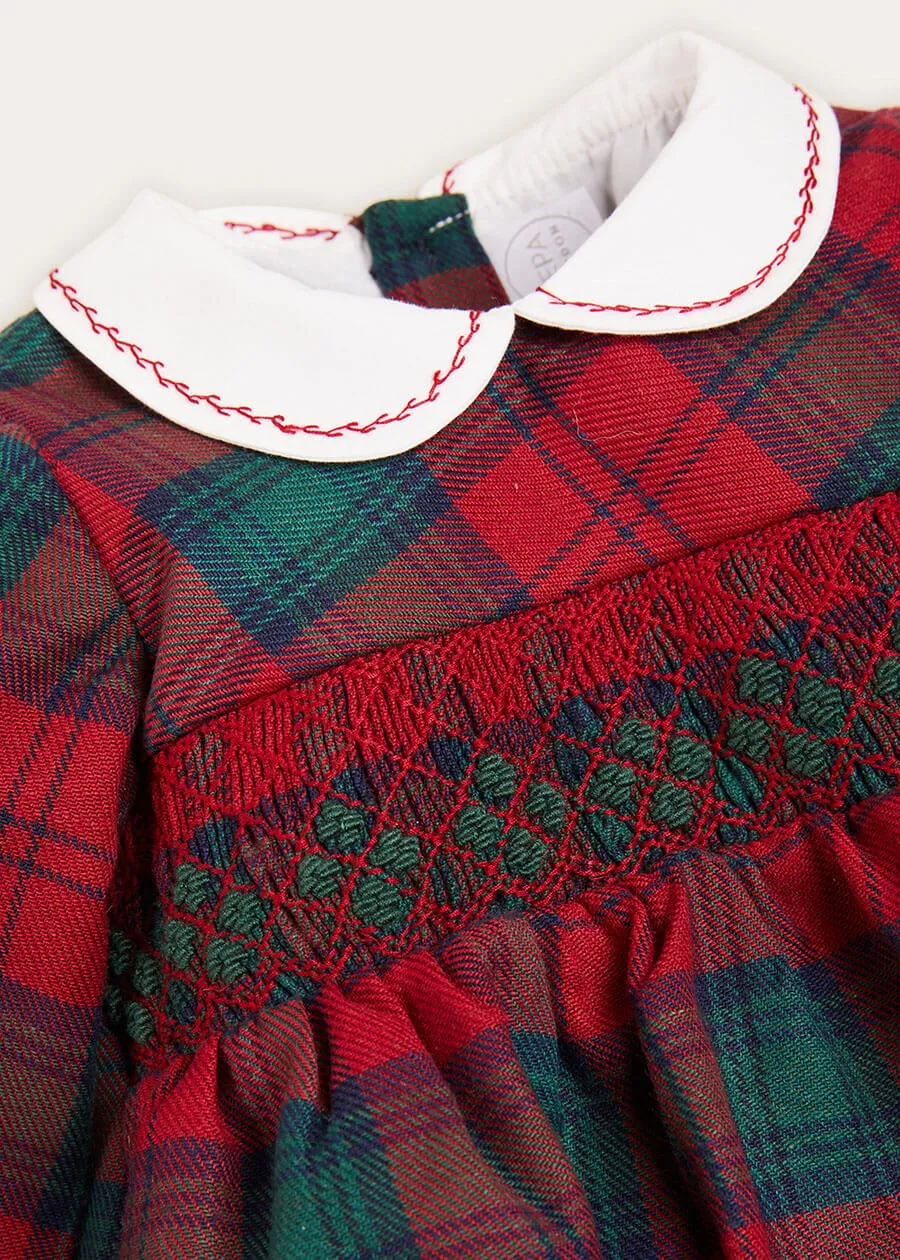 Tartan Handsmocked Peter Pan Collar Romper In Red (6mths-2yrs)