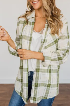 Tell Me Anything Button Down Plaid Top- Olive, Cream & Ivory