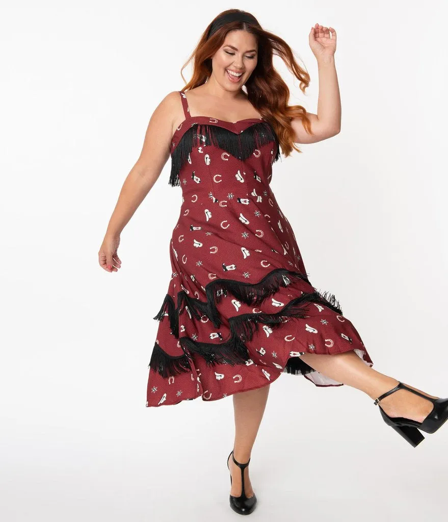 Unique Vintage Burgundy Cowgirl Print Girlie Swing Dress (XS, XL and 3XL ONLY)