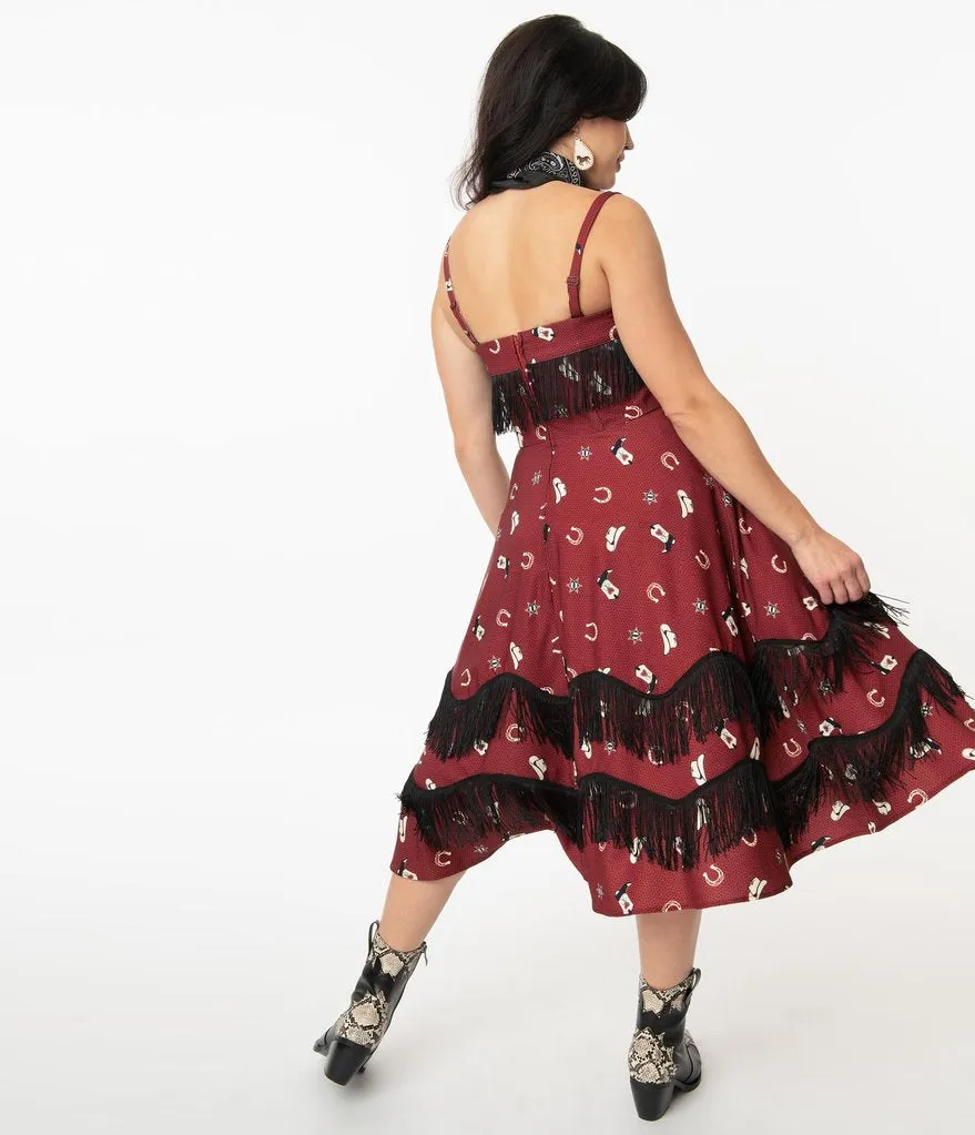 Unique Vintage Burgundy Cowgirl Print Girlie Swing Dress (XS, XL and 3XL ONLY)