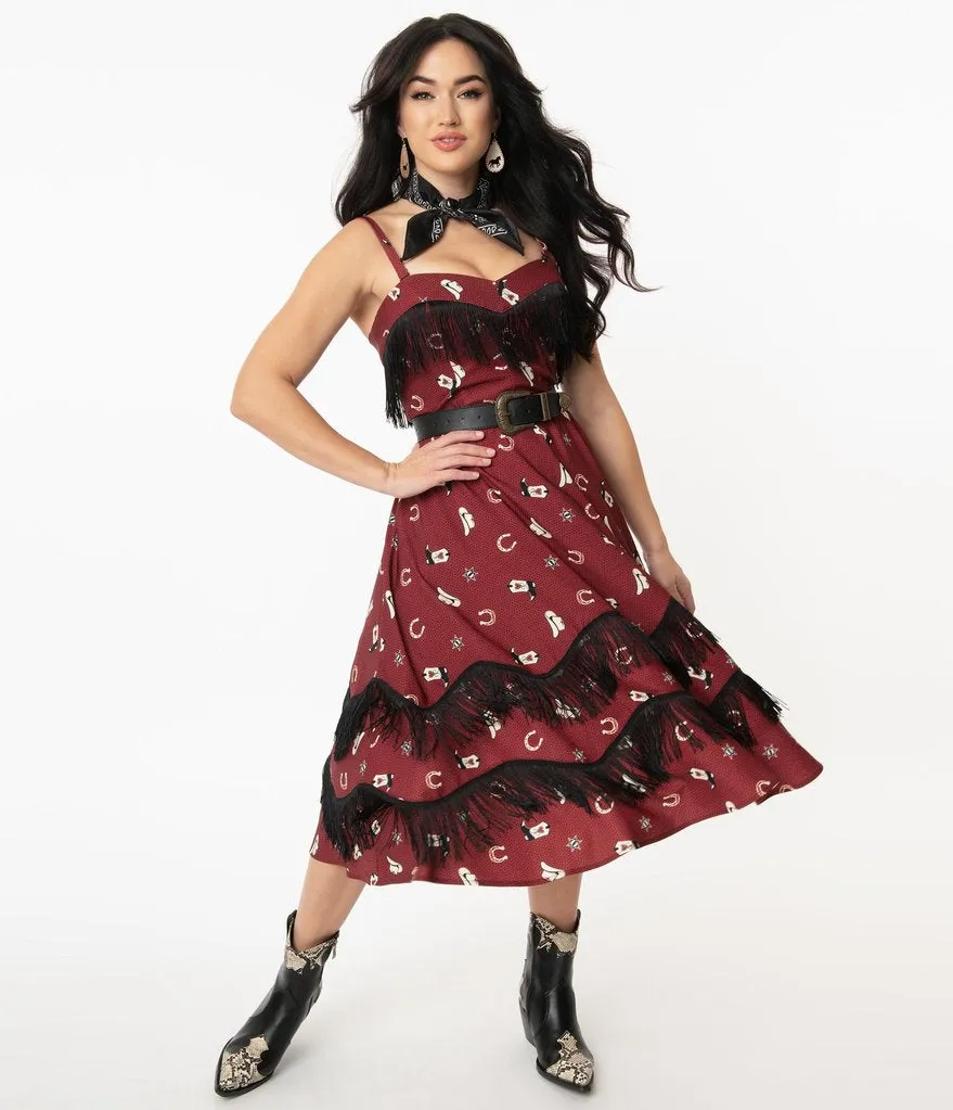 Unique Vintage Burgundy Cowgirl Print Girlie Swing Dress (XS, XL and 3XL ONLY)