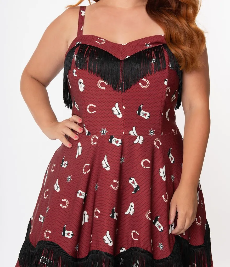 Unique Vintage Burgundy Cowgirl Print Girlie Swing Dress (XS, XL and 3XL ONLY)