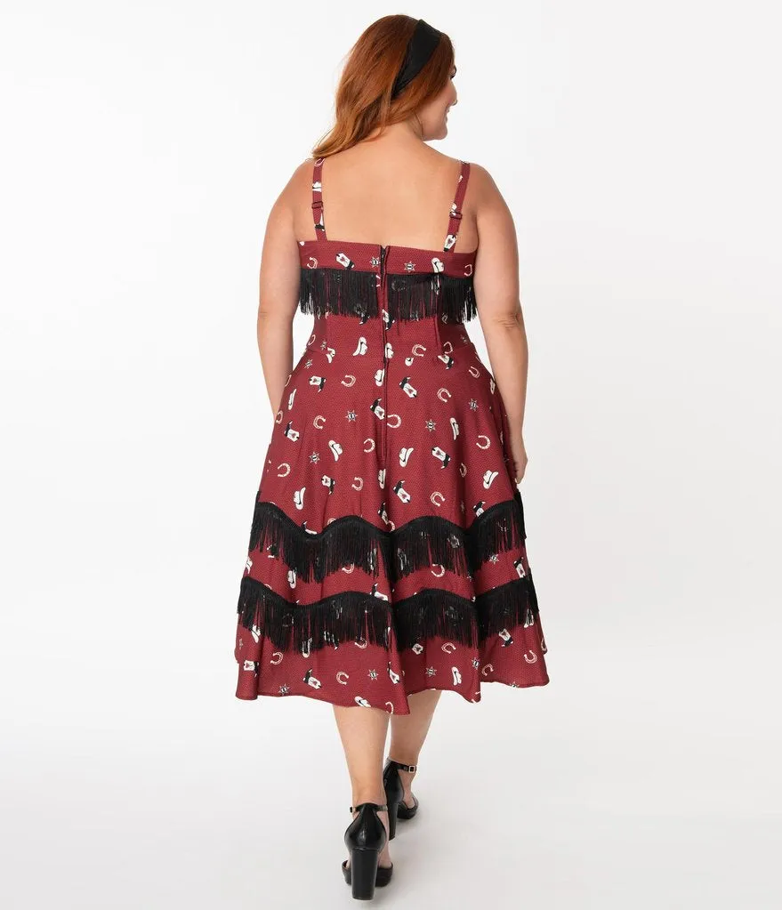 Unique Vintage Burgundy Cowgirl Print Girlie Swing Dress (XS, XL and 3XL ONLY)