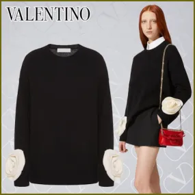 VALENTINO  |Wool Long Sleeves Plain Elegant Style V-neck & Crew neck