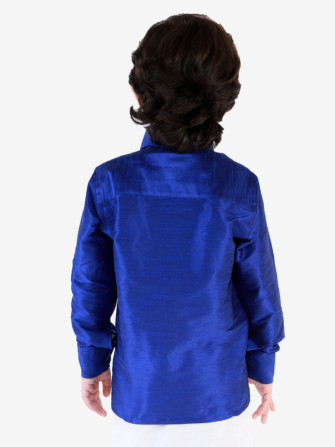 VASTRAMAY Boys' Blue Silk Long Sleeves Ethnic Shirt