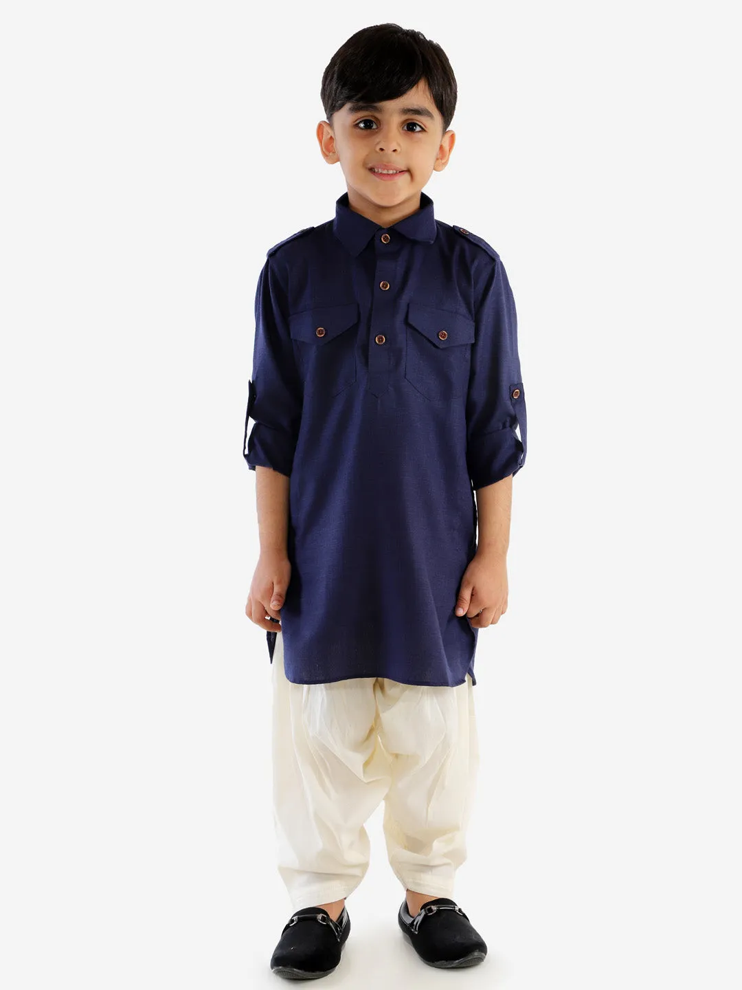 VASTRAMAY Boy's Navy Blue Cotton Blend Pathani Suit Set