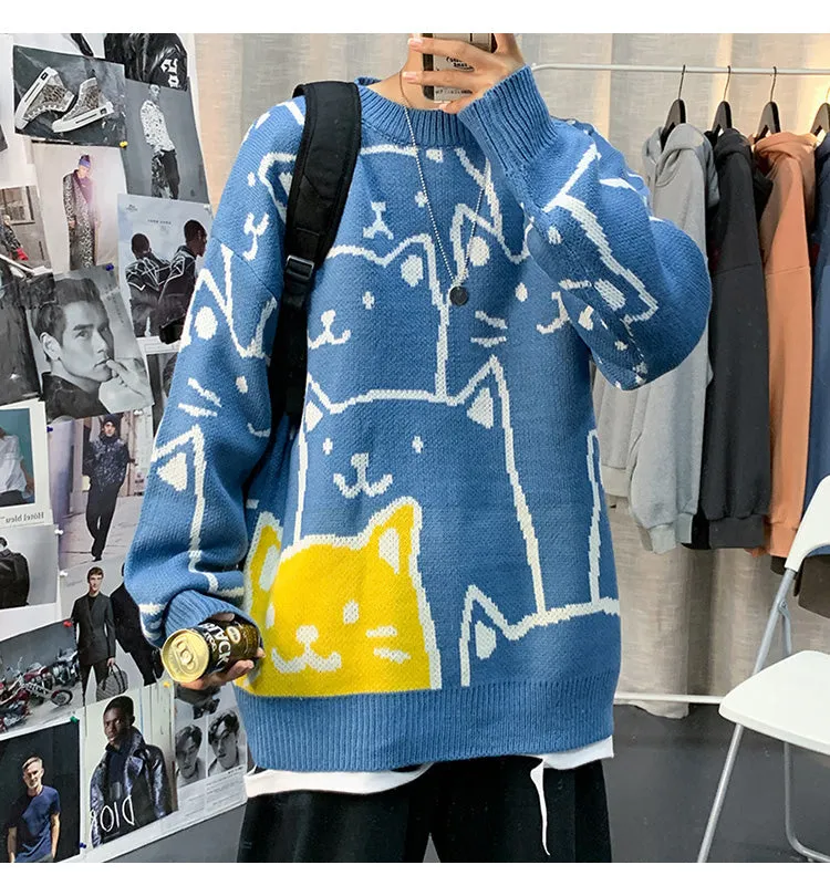 Xituodai Designed Printed Pullovers Men Kawaii Pattern All-match Oversize Korean Stylish Loose Warm Sweaters Teens Ins Fashion L