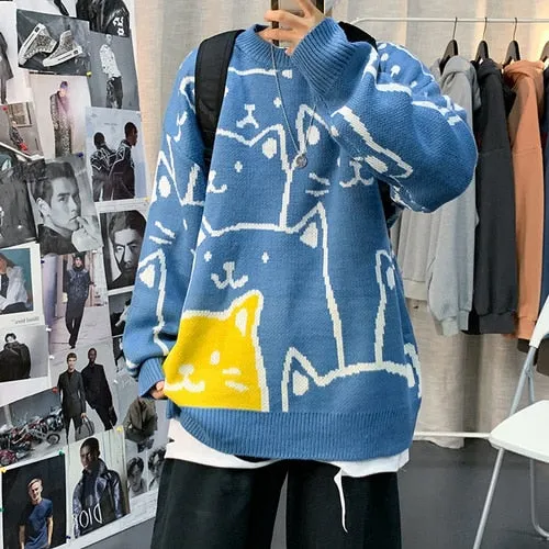 Xituodai Designed Printed Pullovers Men Kawaii Pattern All-match Oversize Korean Stylish Loose Warm Sweaters Teens Ins Fashion L