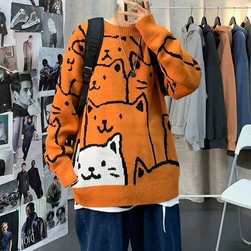 Xituodai Designed Printed Pullovers Men Kawaii Pattern All-match Oversize Korean Stylish Loose Warm Sweaters Teens Ins Fashion L