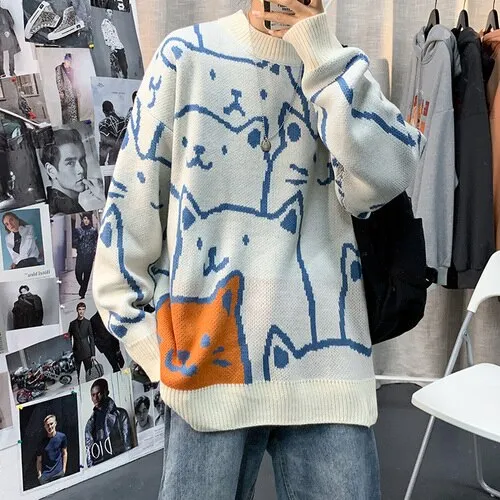 Xituodai Designed Printed Pullovers Men Kawaii Pattern All-match Oversize Korean Stylish Loose Warm Sweaters Teens Ins Fashion L