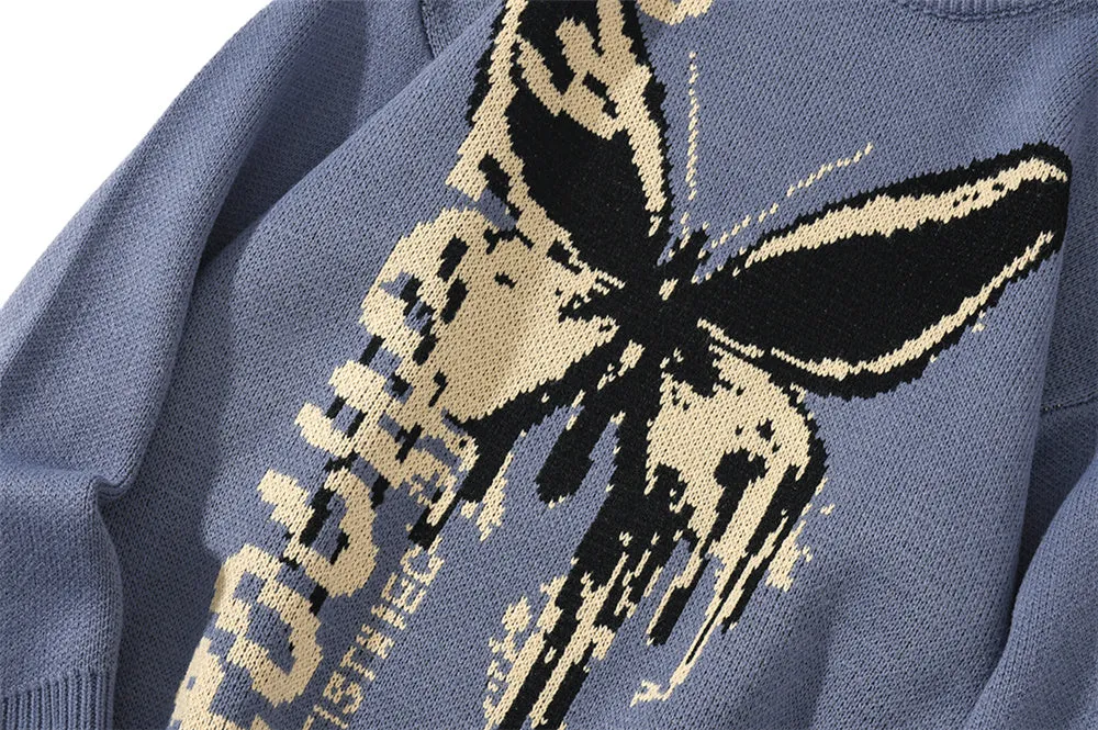 Xituodai Sweater Butterfly Print Soft Knitted O-neck Pullover Men's Clothing Harajuku Casual Streetwear Knitwear Oversize Tops S