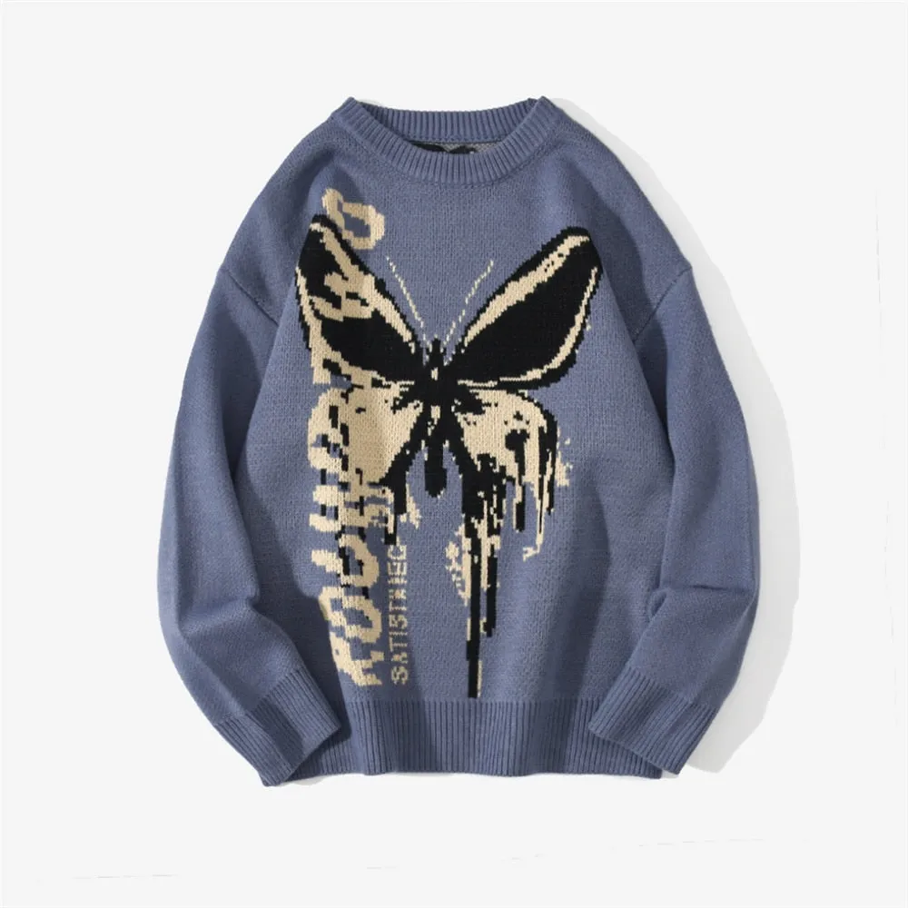 Xituodai Sweater Butterfly Print Soft Knitted O-neck Pullover Men's Clothing Harajuku Casual Streetwear Knitwear Oversize Tops S