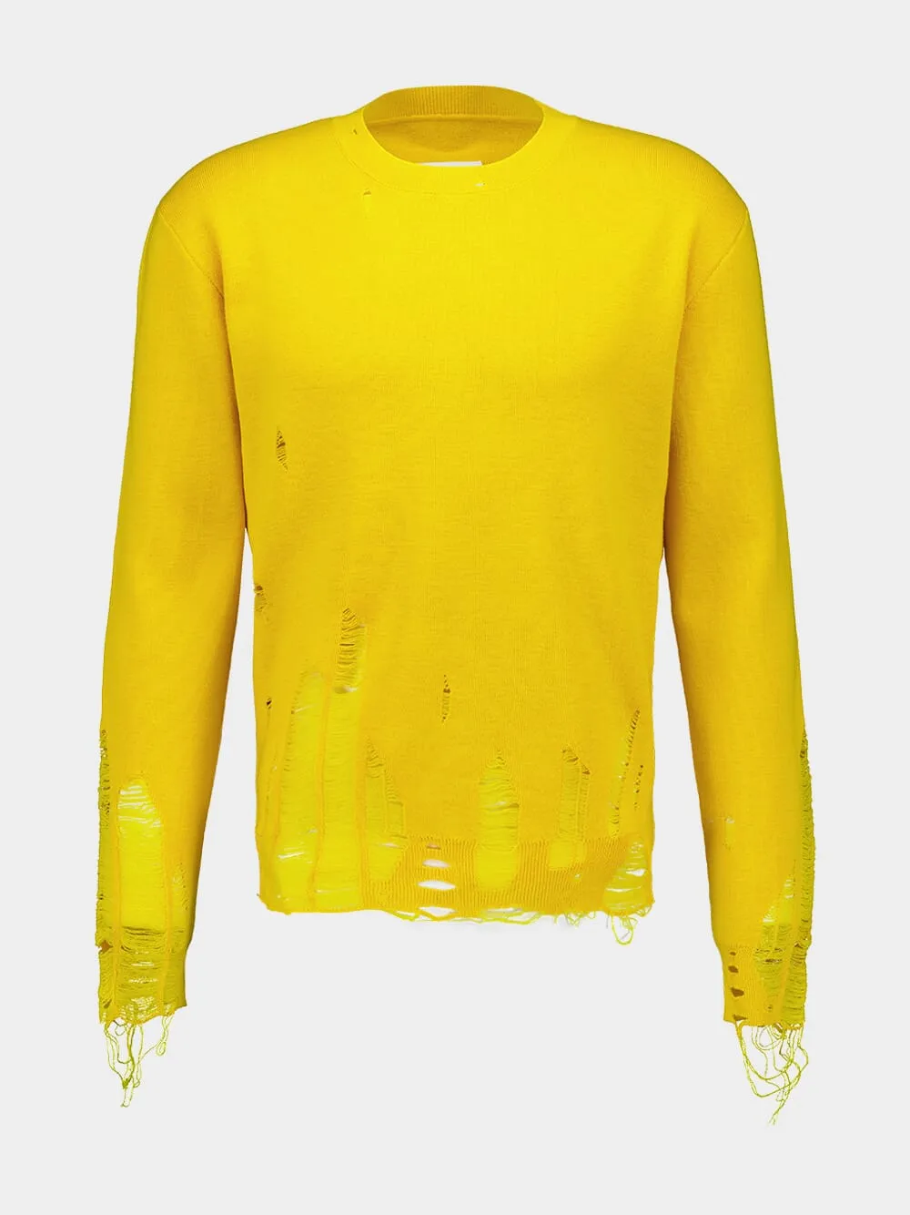 Yellow Distressed Virgin Wool Knit Sweater