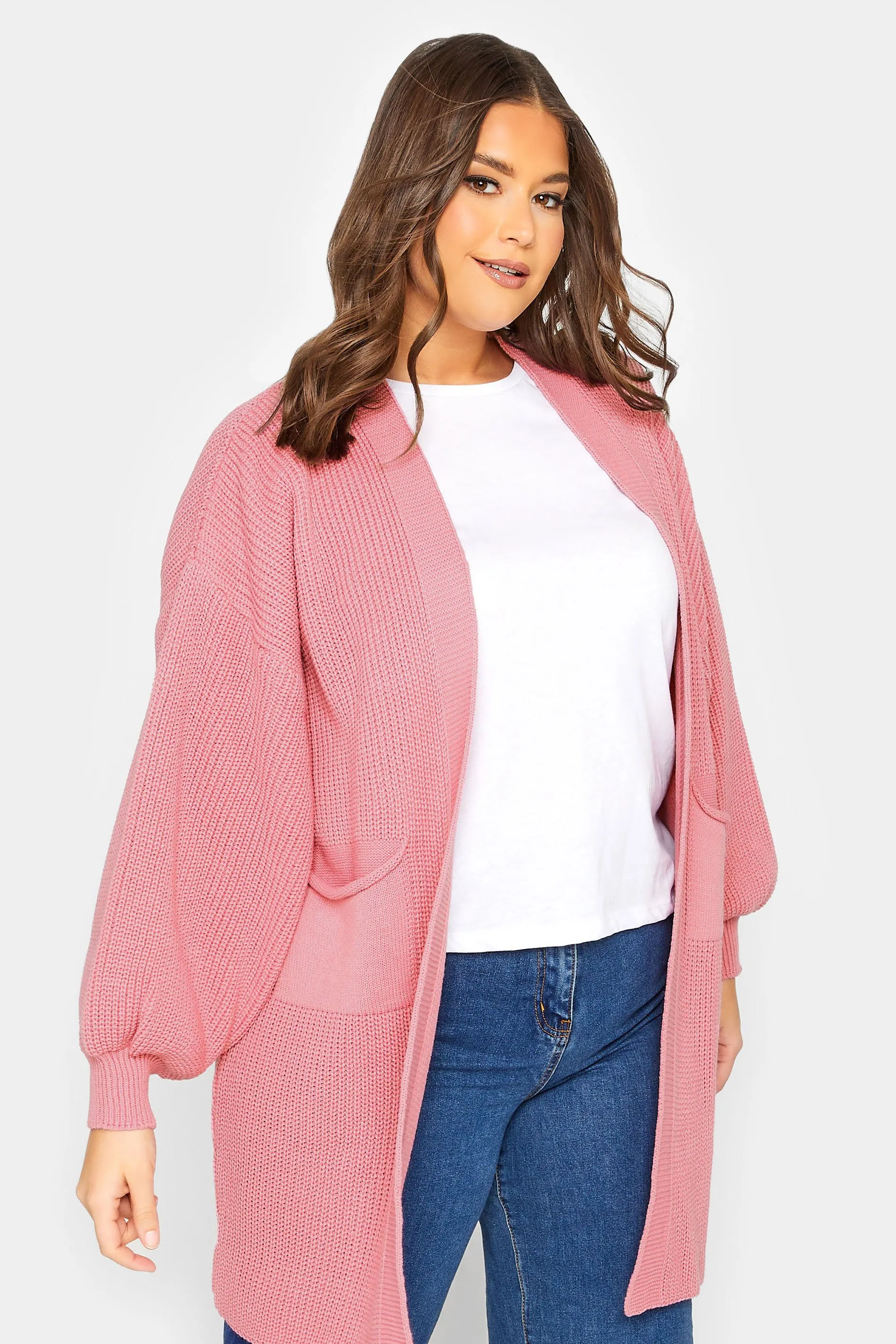 YOURS Curve Pink Longline Pocket Balloon Sleeve Knit Cardigan