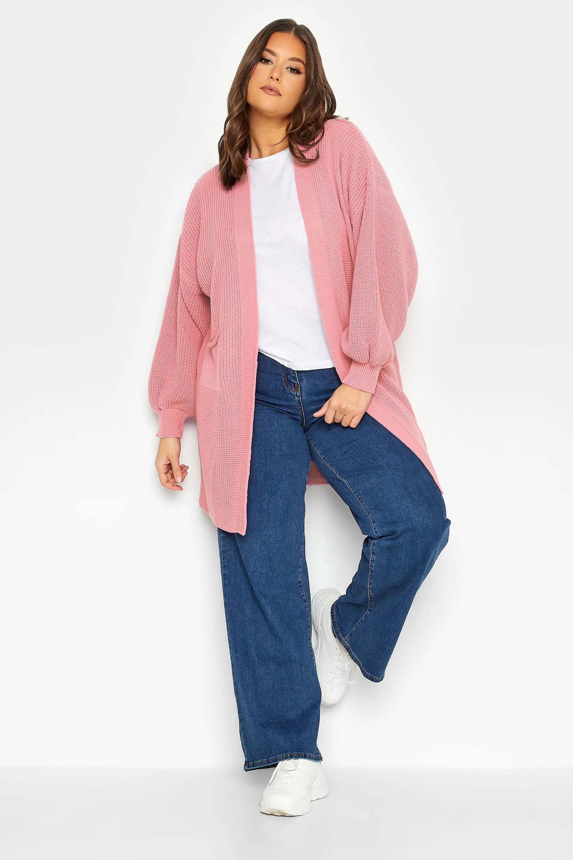 YOURS Curve Pink Longline Pocket Balloon Sleeve Knit Cardigan