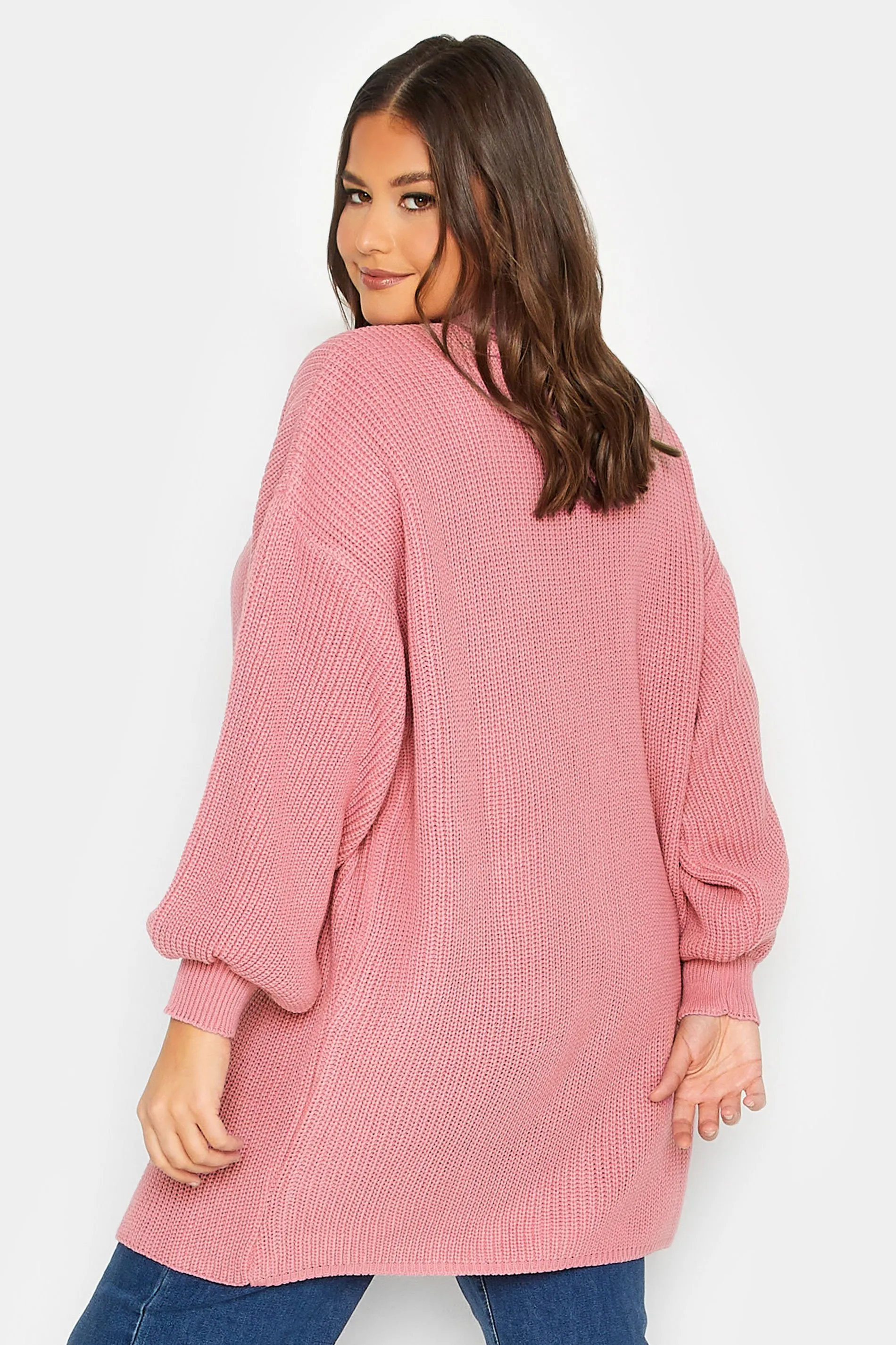 YOURS Curve Pink Longline Pocket Balloon Sleeve Knit Cardigan