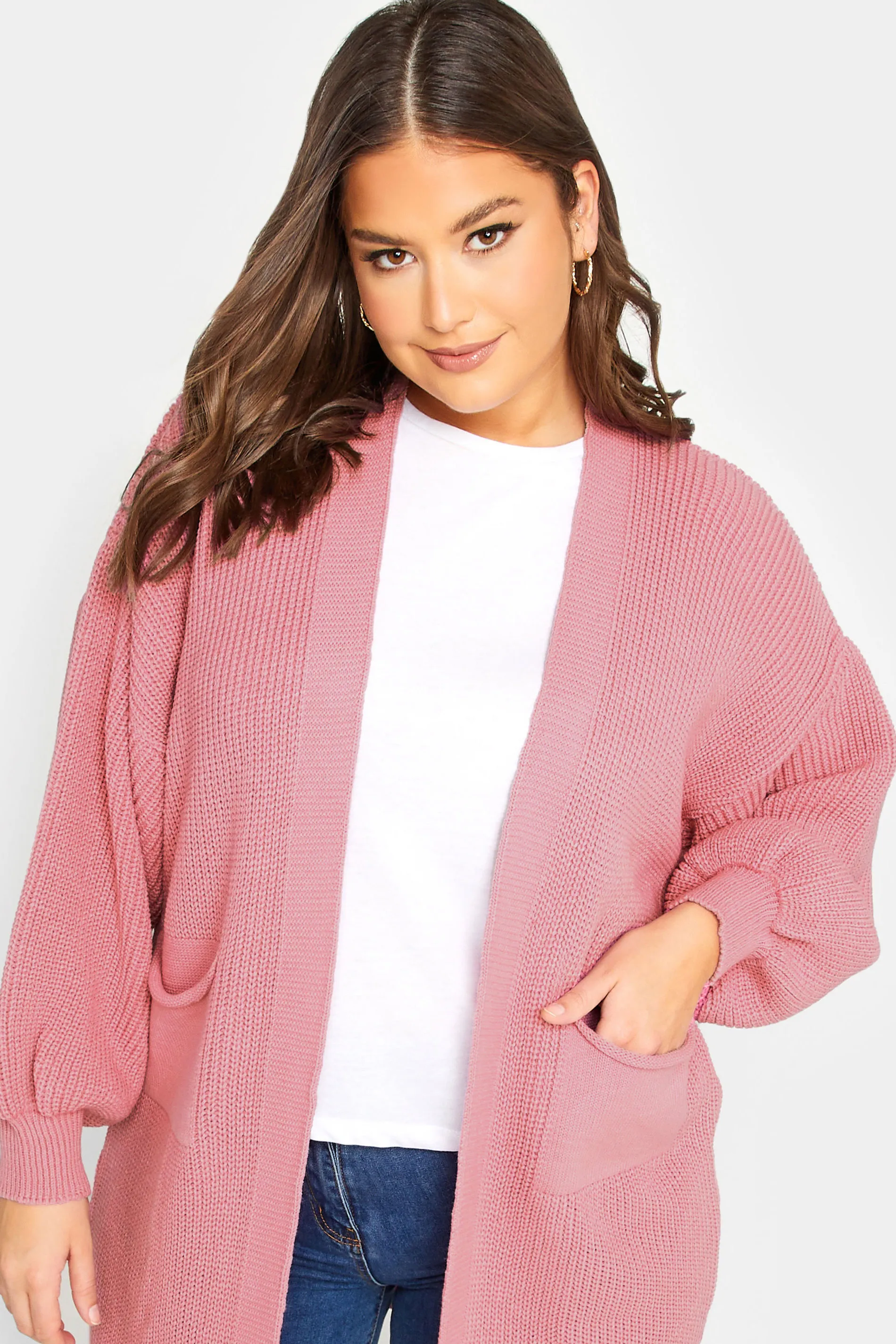 YOURS Curve Pink Longline Pocket Balloon Sleeve Knit Cardigan